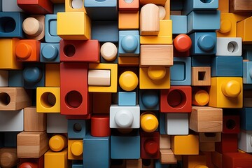 A vibrant display of creativity and imagination, as a colorful group of lego blocks come together to form a unique and captivating structure - obrazy, fototapety, plakaty