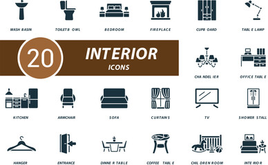 Interior icons set. Creative icons: washbasin, toilet bowl, bedroom, fireplace, cupboard, table lamp, chandelier, office table and more
