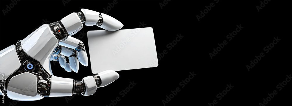 Poster close-up of a humanoid robot hand holding a blank business card with copy space, isolated on black b
