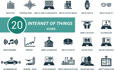 Internet of things icons set. Creative icons: smart city, artificial intelligence, video conference, smart coffee maker and more