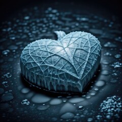 heart shaped object covered in ice, sitting on a surface with ice 