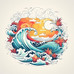 Epic Surf's Embrace: A Majestic Sunset Wave in Harmonious Hues.