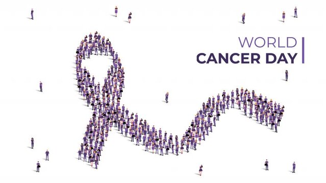 World cancer day awareness month concept 4k animation. Large group of people form to create a lavender ribbon.