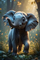 happy baby elephant roaming in the jungle  - obrazy, fototapety, plakaty