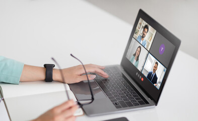 Cropped of businesswoman have online meeting with employees