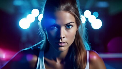 Caucasian female athlete frozen in intense focus against a blurry background of table tennis rackets and balls - Powered by Adobe