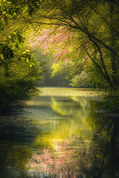 Tranquil Pond Reflections, spring art
