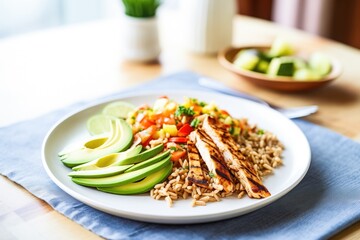 farro with grilled chicken strips and avocado slices