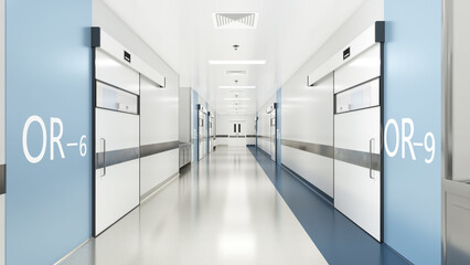 Esthetic and clean modern hospital surgery block corridor, private clinic or vet operating room with sliding doors. - obrazy, fototapety, plakaty