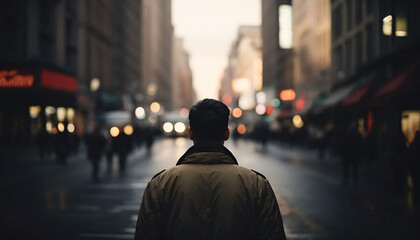Back view of a man walking on street in New York City. blurred background