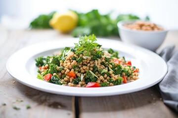 vegan farro salad with chickpeas and baby kale
