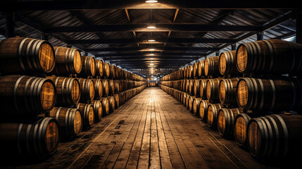 Aging Elegance: Wooden Casks of Fine Spirits in a Distillery Sanctuary