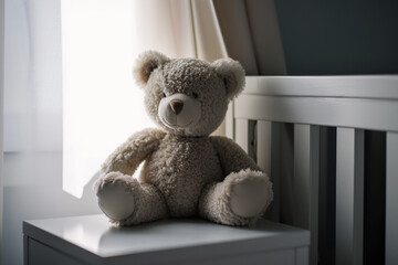 Toy teddy bear sitting on bedside table in baby kid room. Baby kid room interior design