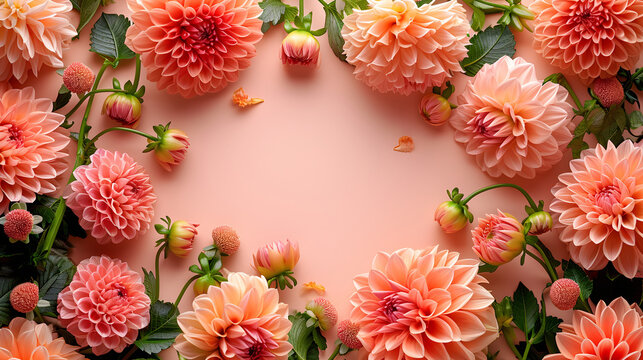 Gorgeous frame background featuring peach fuzz-colored dahlias with an empty center for ample copy space