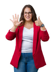 Beautiful plus size young business woman wearing elegant jacket and glasses over isolated background showing and pointing up with fingers number six while smiling confident and happy.