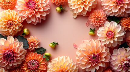 Gorgeous frame background featuring peach fuzz-colored dahlias with an empty center for copy space