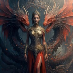 Fabulous image of magical woman in form of red dragons