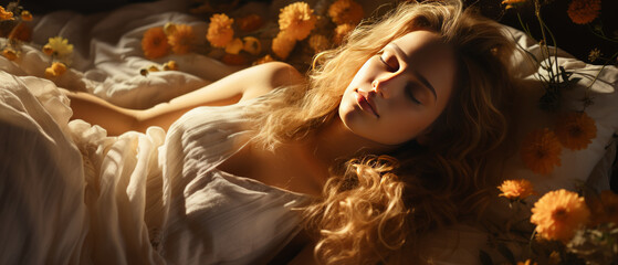 Dreamy Floral Slumber of woman in Sunlit Bed
