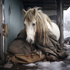 Sad homeless horse dreaming about home.