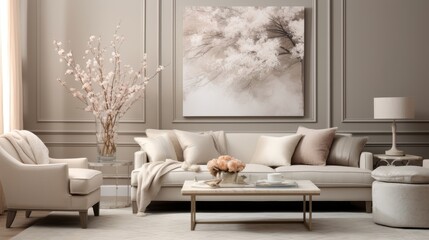 A quiet luxury living room is glam, shiny mirrored or glitzy Rather, quiet luxury style living rooms are filled with warmth collected accents plush seating soft rugs layered lighting home interior - obrazy, fototapety, plakaty