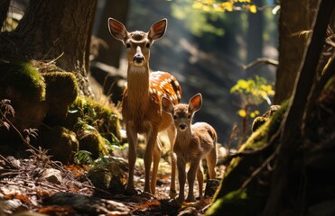 Amidst the colorful autumn foliage, a majestic deer stands proudly with its adorable fawn in the tranquil woods, showcasing the beauty of nature and the bond between parent and child