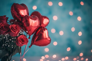 Rote Herzballons und ein Rosenstrauß als Hintergrund oder Grundlage für Banner zum Valentinstag. Ideal als Grußkarte oder Einladungskarte zum Thema Liebe und Freundschaft. Platz für Text. 