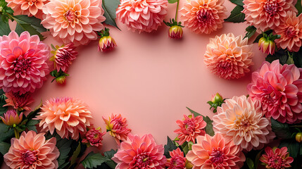 dahlias frame with an empty center for text space, arranged in a flat lay style, showcasing light orange-colored (peach fuzz) blooms. Perfect for ads and backdrops on a pastel background