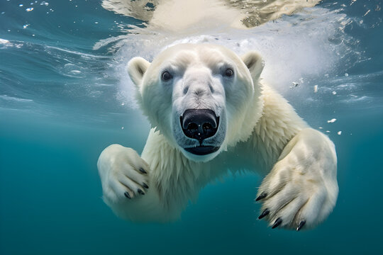 Tauchender Eisb&auml;r im arktischen Eis, Unterwasserfotografie, erstellt mit generativer KI