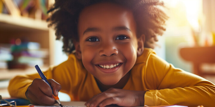 Close-Up of a Delightful Young black Child Engrossed in Drawing at Their Desk, Radiating Joy and Creativity