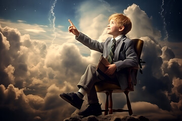 Beautiful futuristic sky background with clouds, teenager in costume pointing finger forward. Development, direction, open path, choice, education, astronomy,