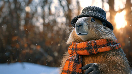 Portrait of a cute groundhog wearing a vintage hat and orange scarf on a forest background. Early spring prediction. Groundhog Day celebration, February 2nd