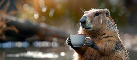 A cute groundhog drinking tea from a cup and preparing to winter hibernation on blurred nature background in a forest. Groundhog Day, February 2nd - obrazy, fototapety, plakaty