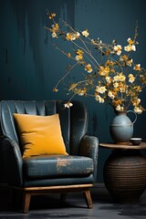 A vibrant burst of yellow flowers adorns a quaint indoor space, nestled between a vase and a couch, creating a peaceful still life in the midst of bustling furniture