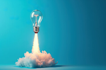 Light bulb taking off like rocket on blue background, startup and business concept.