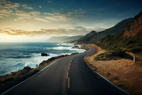 Endless road leading to sea. Generative AI