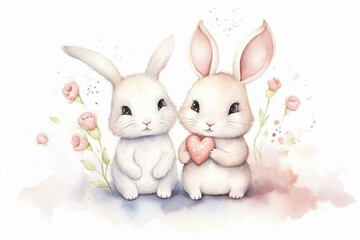 Illustration of two adorable rabbits expressing love, perfect for Valentine's Day or wedding cards. Generative AI