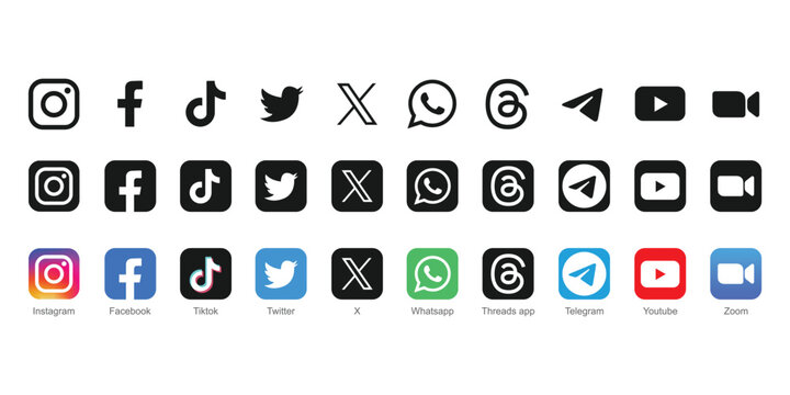 Social media icon logo vector set. Instagram, facebook, twitter, X, whatsapp, threads app, telegram, youtube, zoom. Popular social media icons button