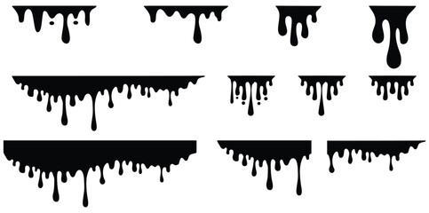 Black dripping paint  melting chocolate or drip of oil. Set of abstract liquid stain elements. Flat vector illustration of splash ink flows