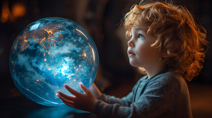 Naklejka premium a child examines a huge blue globe
