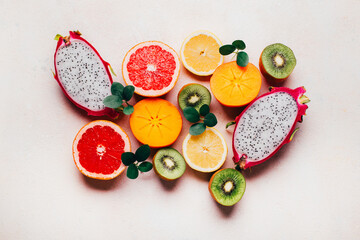 top view of citrus fruits on white background