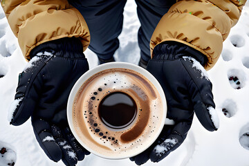 Coffee cup cradled by two gloved hands in snowy outdoor. International Coffee Day concept.