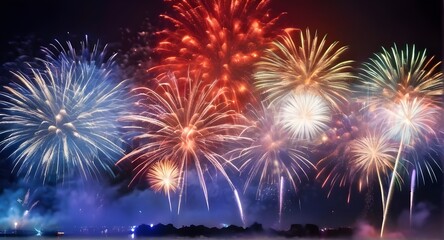 Naklejka premium festive fireworks explosionson dark background