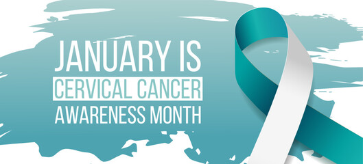 Cervical cancer awareness month banner with teal and white ribbon awareness and text. Vector illustration. - obrazy, fototapety, plakaty