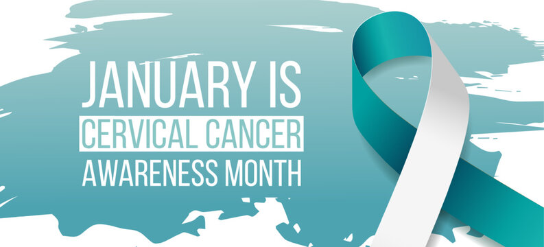 Cervical cancer awareness month banner with teal and white ribbon awareness and text. Vector illustration.