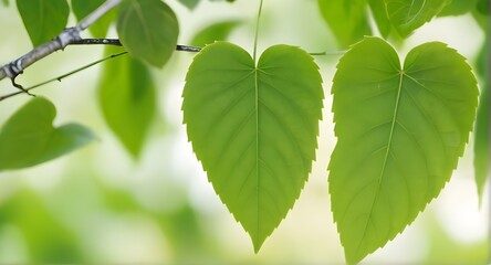Fototapeta na wymiar Green Leaf in the Shape of Heart Hanging on Branch