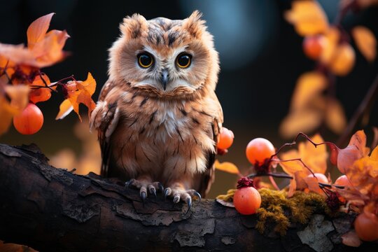 A majestic owl gracefully perches on a vibrant branch, surrounded by the warm hues of autumn leaves, blending into the tranquil outdoor scenery