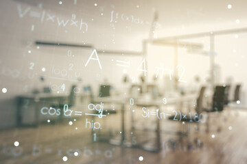 Double exposure of scientific formula hologram on modern corporate office background, research and...