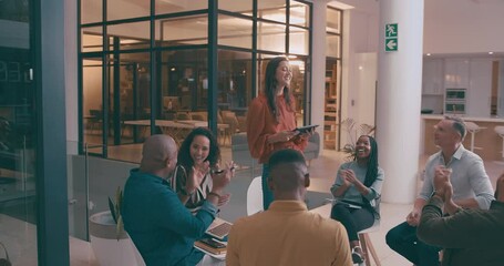 Dance, business woman and applause of team in seminar meeting in startup at night. Clapping hands, group or happy people with tablet to praise for celebration, presentation success or congratulations