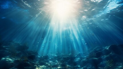 Fototapeta premium Underwater sea - Blue Abyss With Sunlight - Diving And Scuba Background - Generative AI