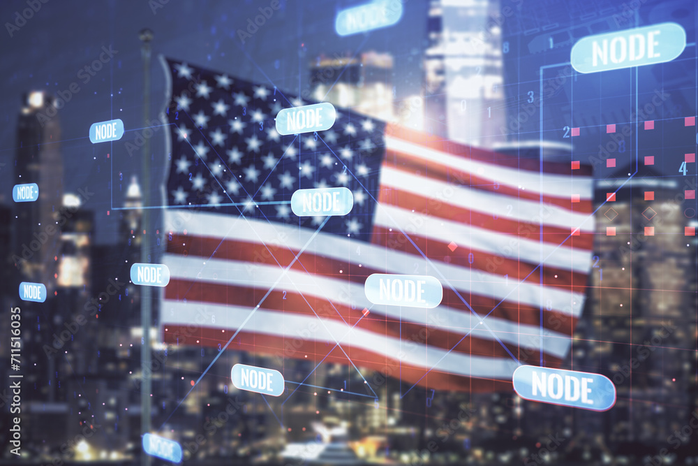 Leinwandbilder multi exposure of abstract creative coding sketch on usa flag and blurry cityscape background, artif